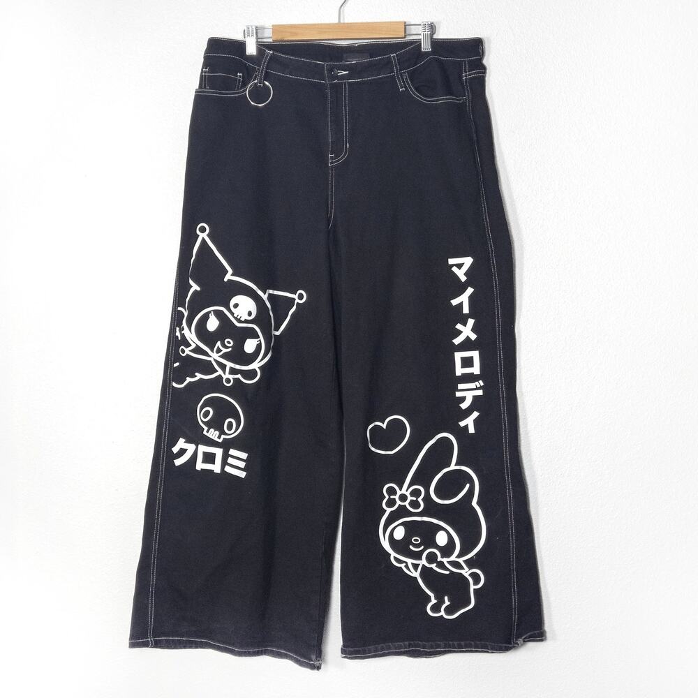 Sanrio Wide Leg Jeans Size 16 Black Kuromi My Melody Graphic Denim Pants